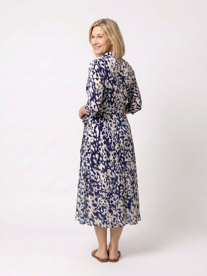 Oriana | Collared Midi Dress with Long Sleeves and Waist Belt