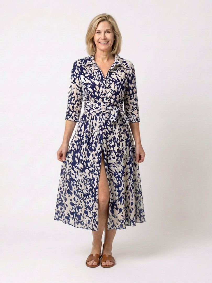 Oriana | Collared Midi Dress with Long Sleeves and Waist Belt