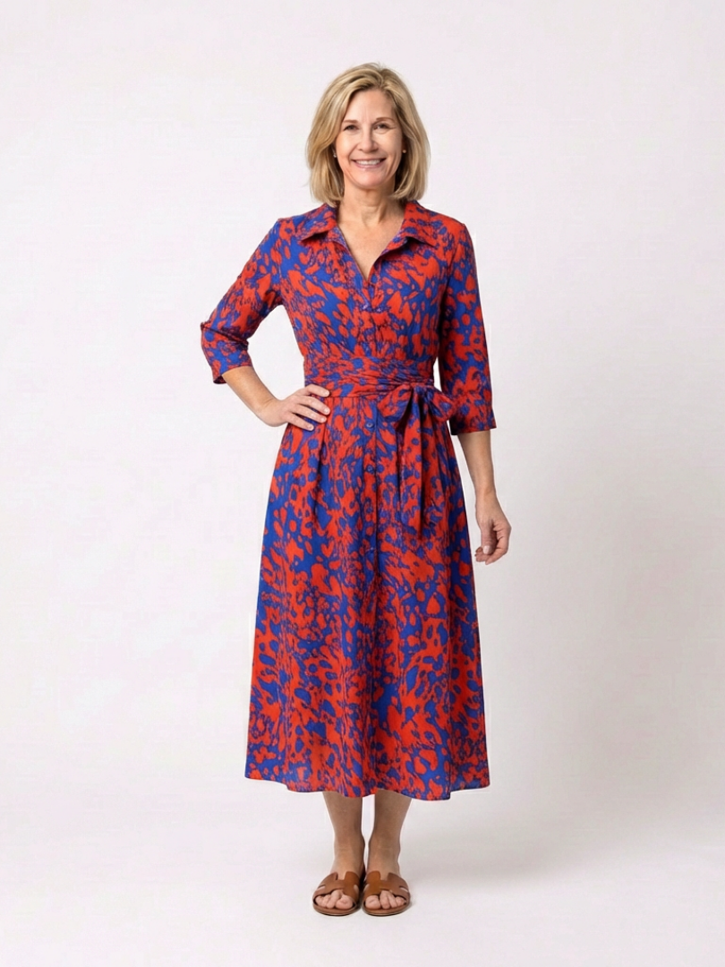 Oriana | Collared Midi Dress with Long Sleeves and Waist Belt