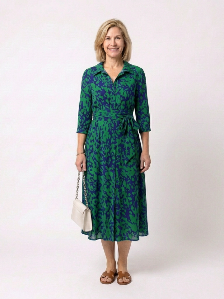 Oriana | Collared Midi Dress with Long Sleeves and Waist Belt