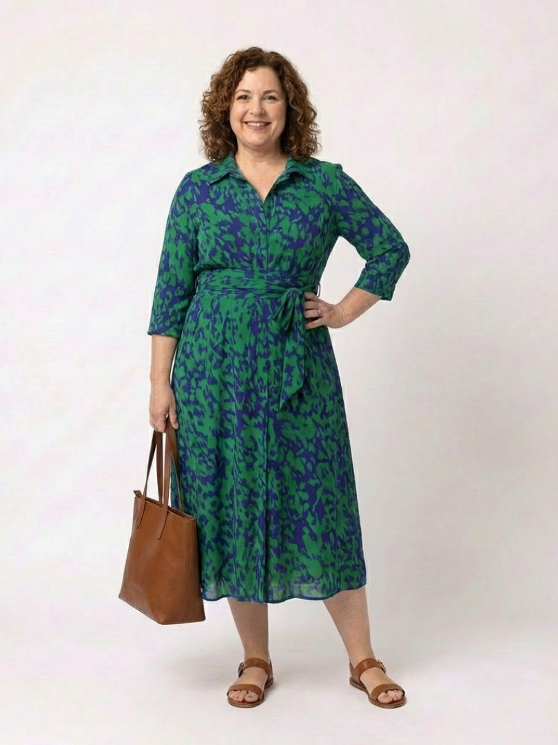 Oriana | Collared Midi Dress with Long Sleeves and Waist Belt