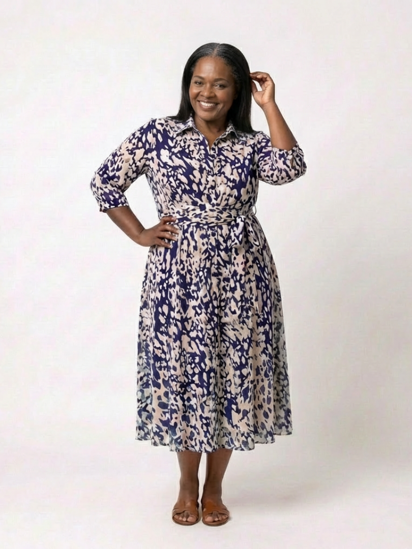 Oriana | Collared Midi Dress with Long Sleeves and Waist Belt