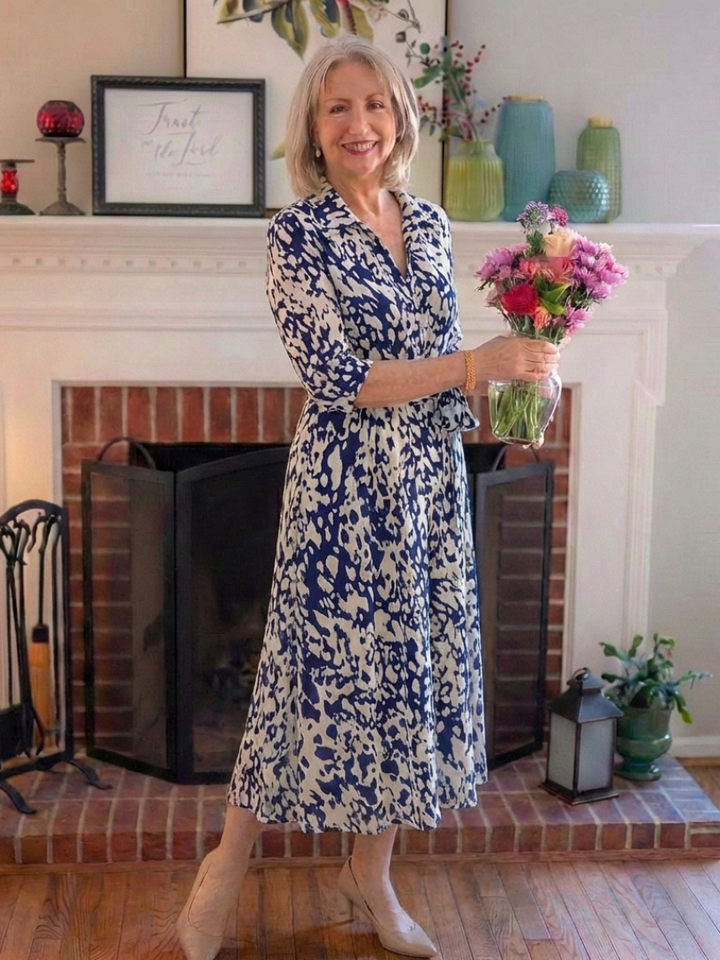 Oriana | Collared Midi Dress with Long Sleeves and Waist Belt