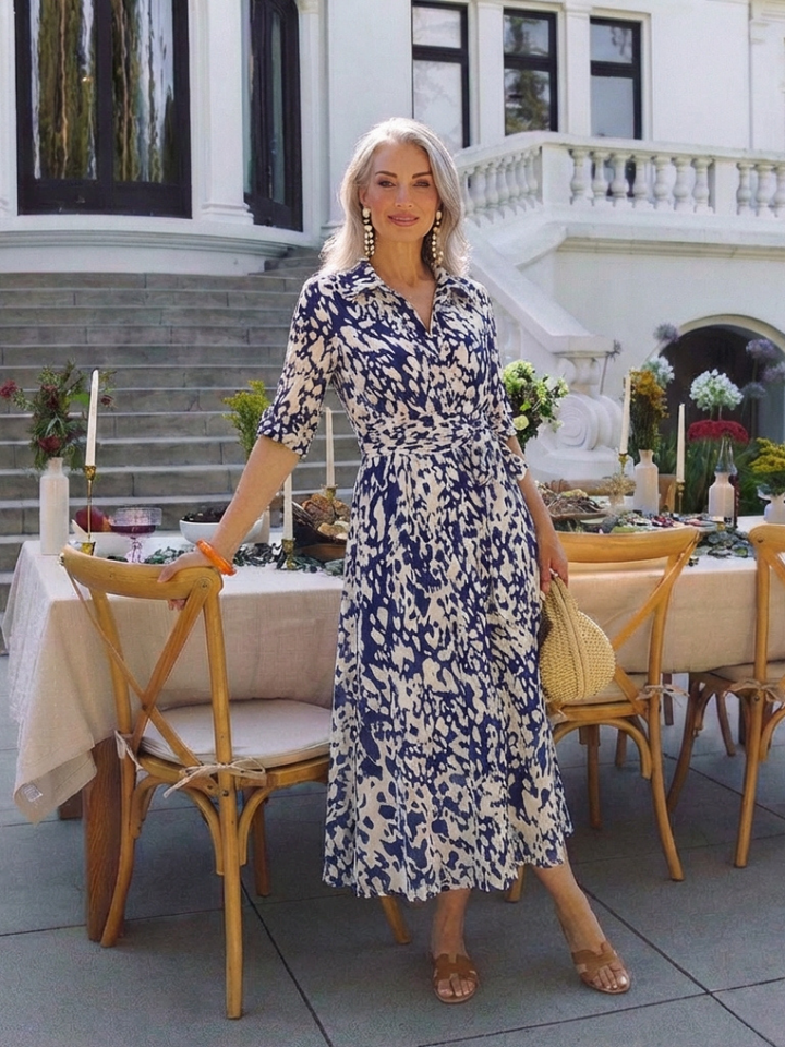 Oriana | Collared Midi Dress with Long Sleeves and Waist Belt