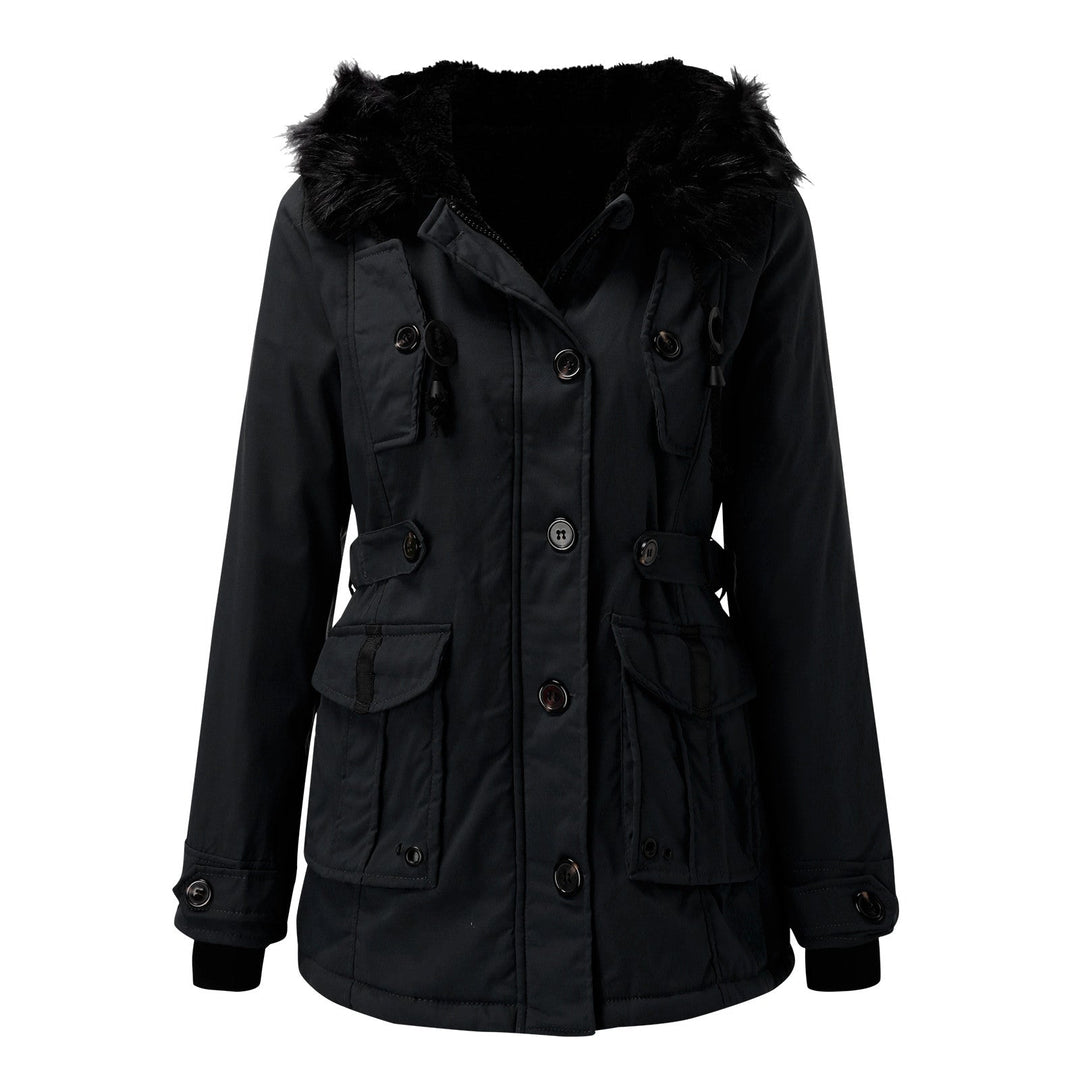 Women's parka with hood, buttons, and pockets