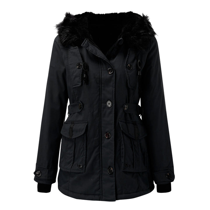 Women's parka with hood, buttons, and pockets
