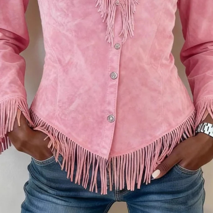 Solène │ Suede Blouse with Buttons and Fringe Details