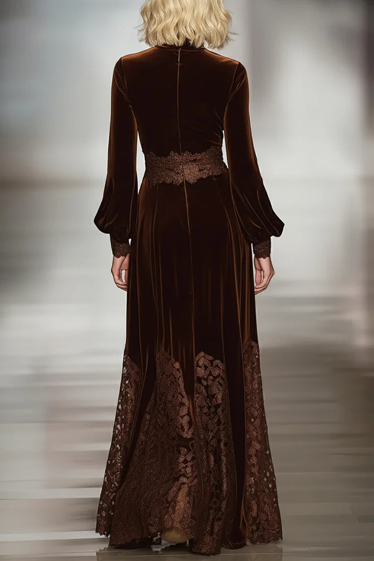 Velvet maxi dress with lace patchwork and balloon sleeves
