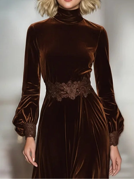 Velvet maxi dress with lace patchwork and balloon sleeves