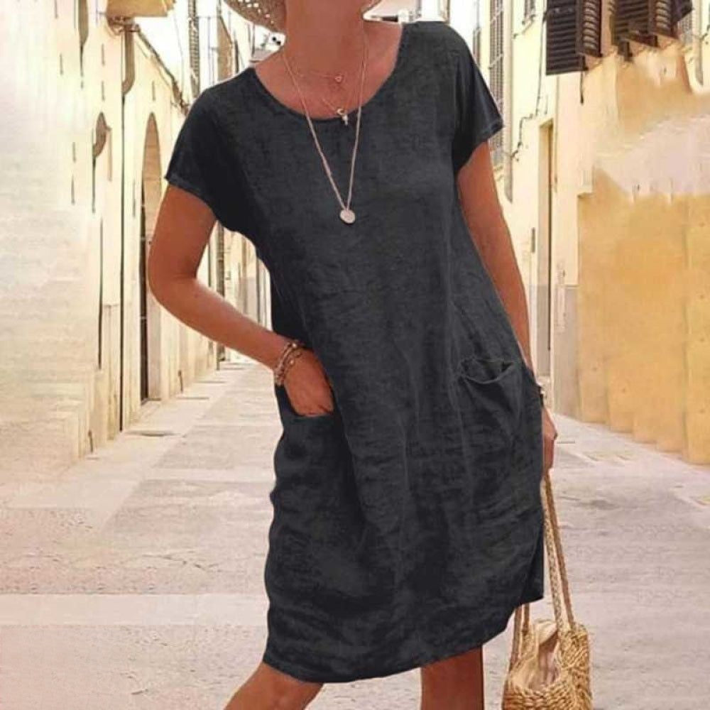 Edith | Women's Round Neck Short Sleeve Mini Dress with Pockets