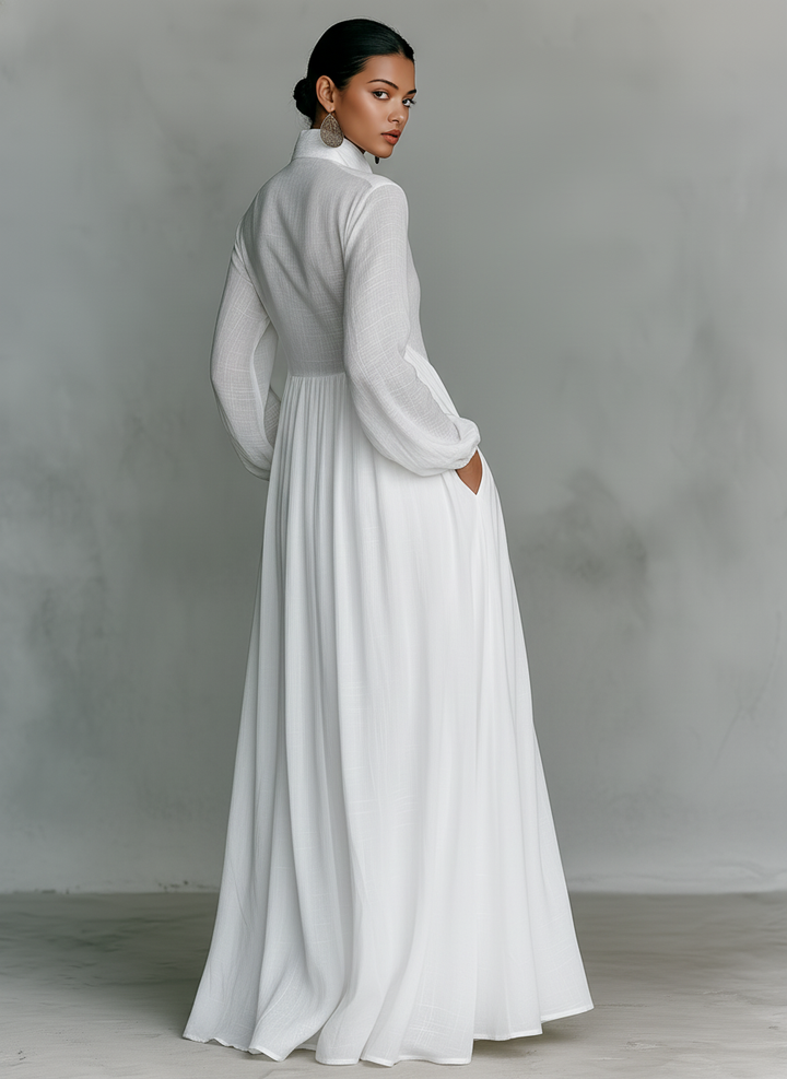 Women's Minimalist Patchwork Maxi Dress with Stand Collar and Long Sleeves, Single-Breasted.