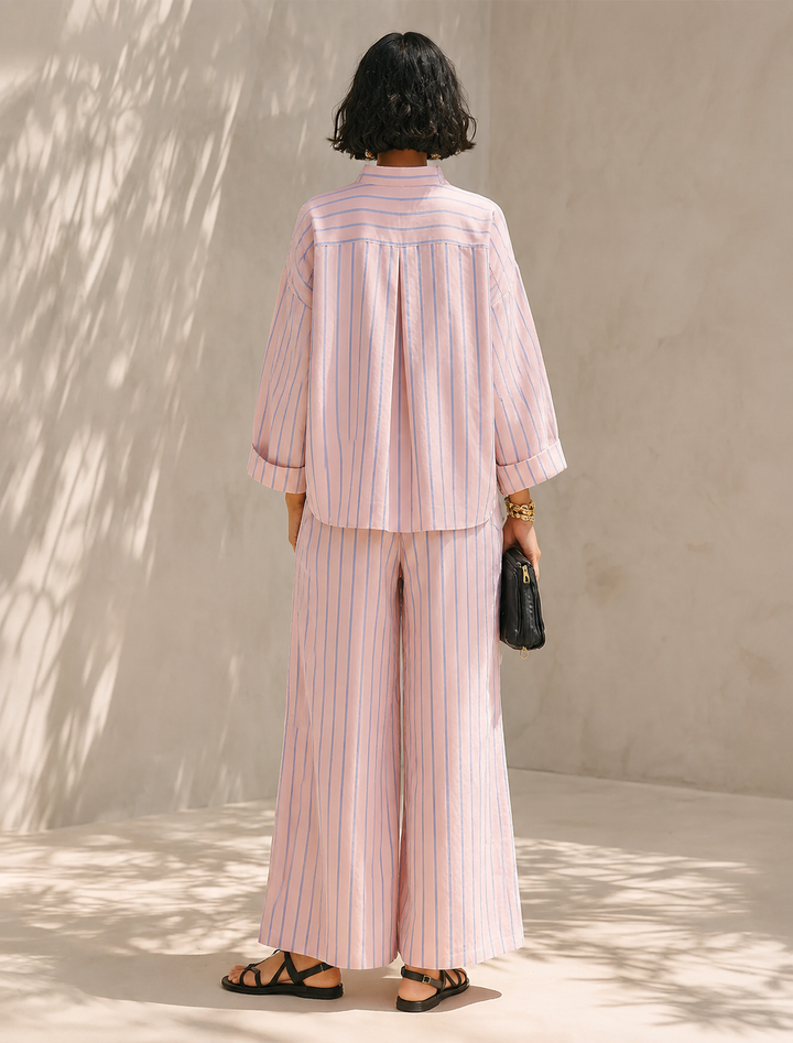 Women's striped long-sleeve top and wide-leg pants set with pockets