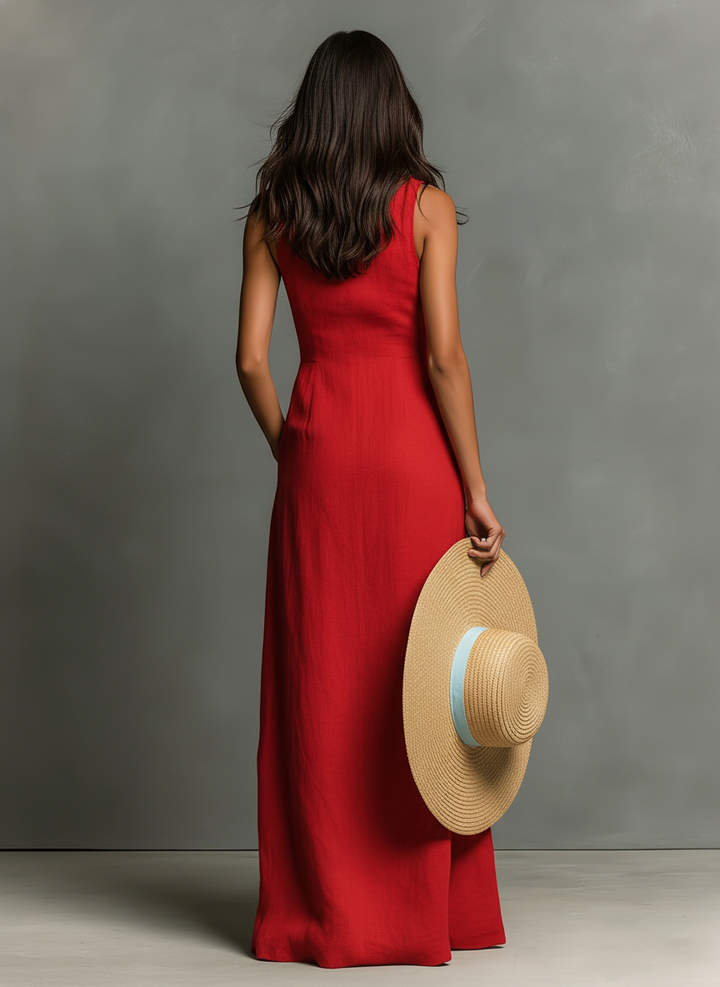 Women's Minimalist Collarless Single-Breasted Sleeveless Maxi Shirt Dress