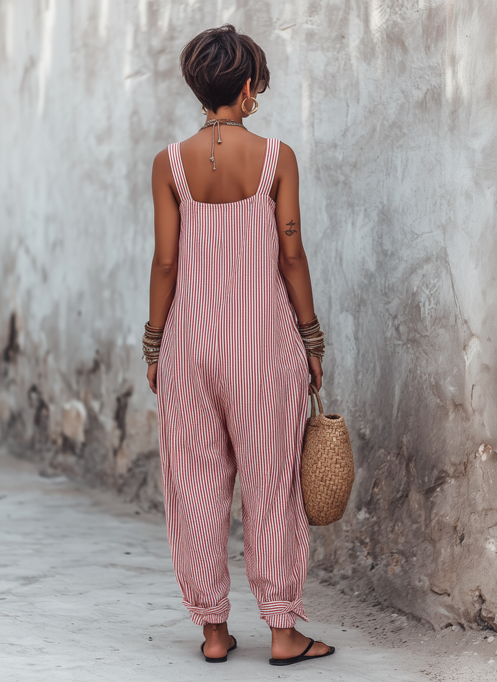 Minimalist striped loose-fitting women's jumpsuit with square neckline, sleeveless