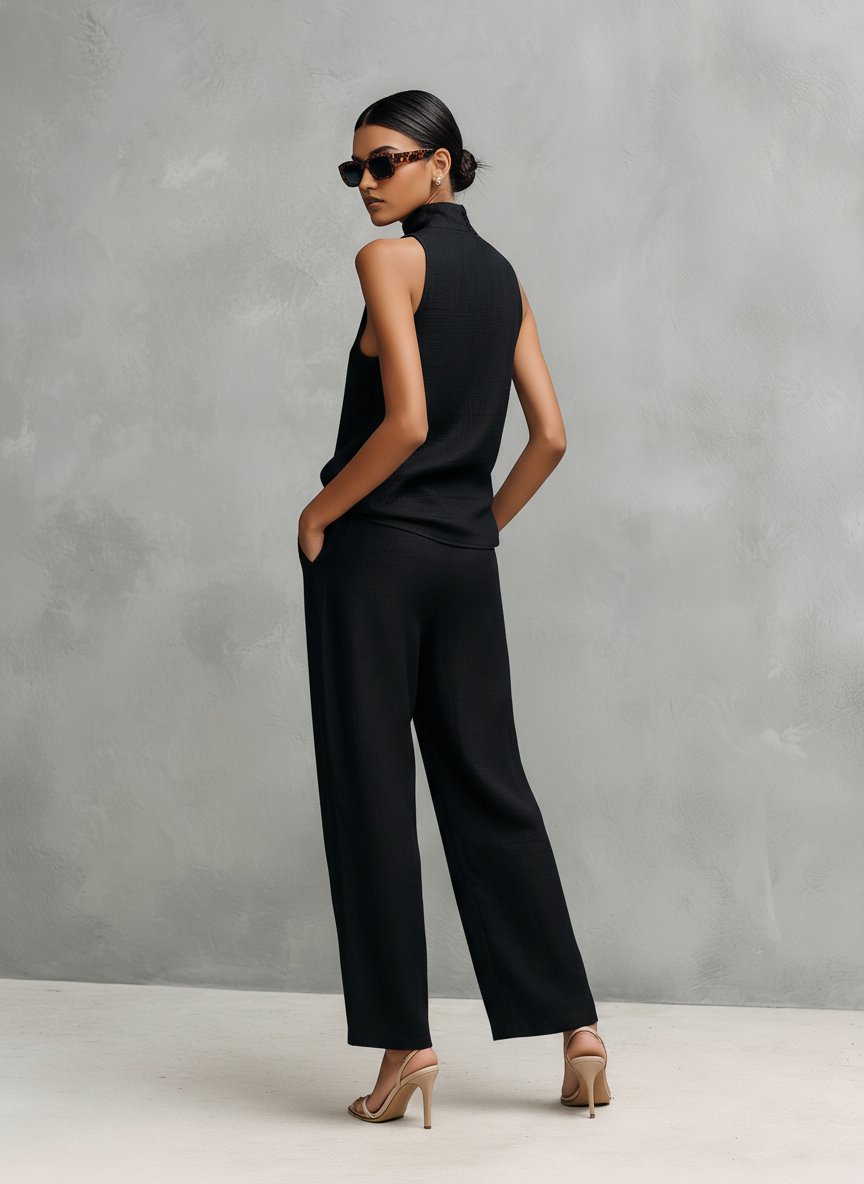 Elegant women's set in black with a round neckline, sleeveless top, and trousers.