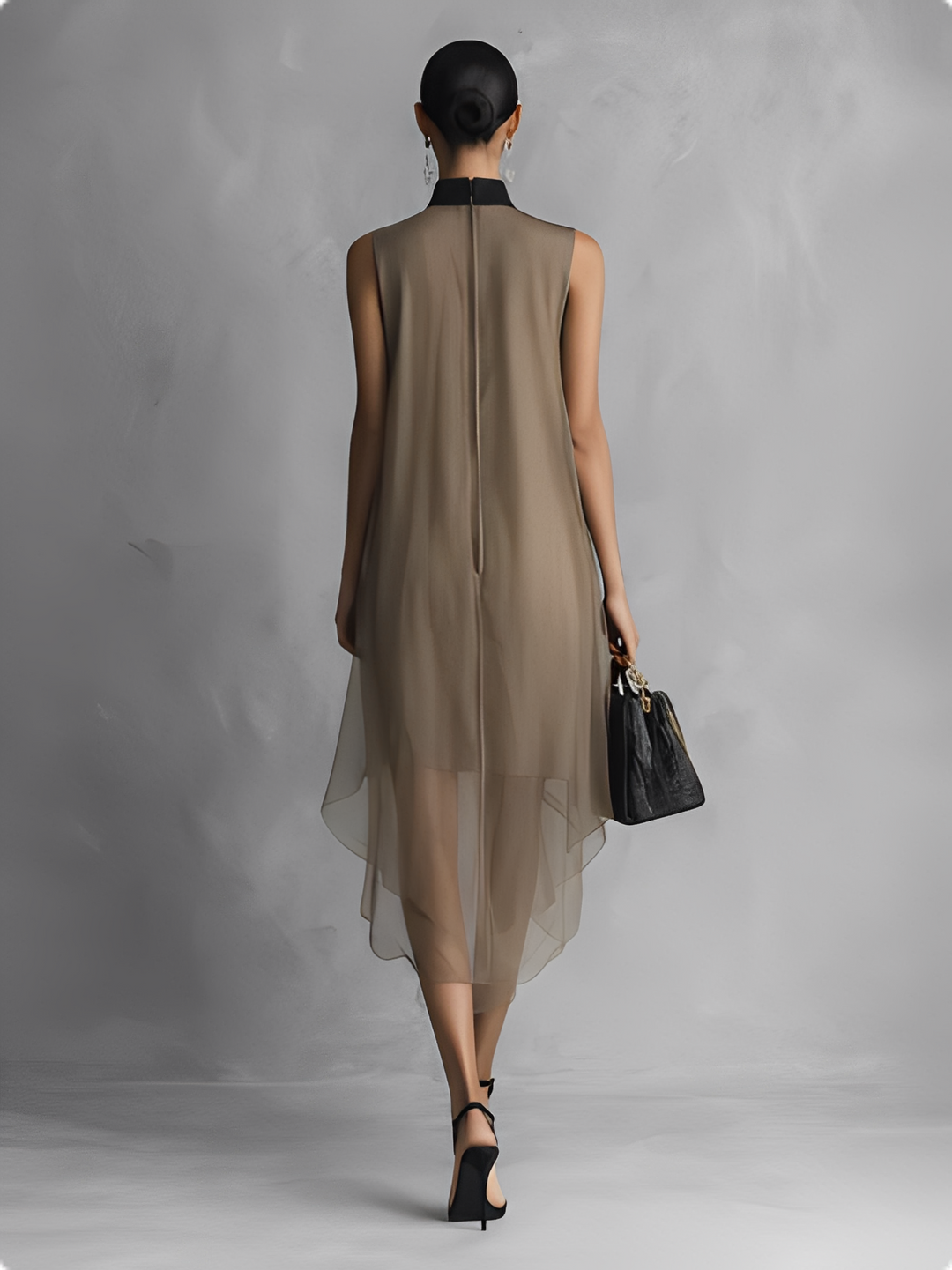 Lightweight, Luxurious Women's Casual Dress in Khaki and Brown with Color Block Pattern