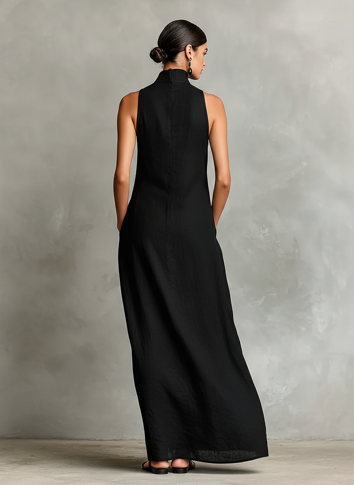 Women's Black Maxi Dress with Stand-Up Collar and Side Pockets, Timeless, Minimalist Casual Dress