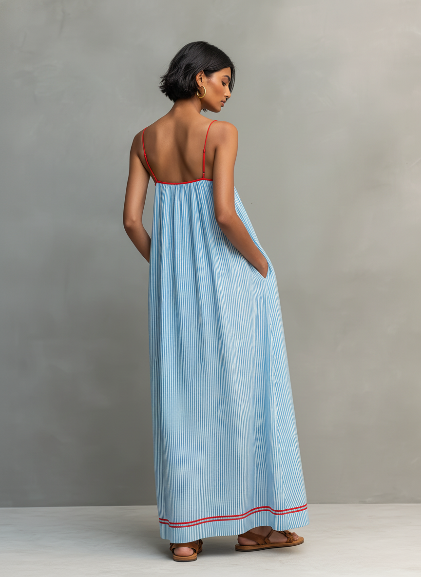 Women's Minimalist Striped Maxi Dress with Red Accents and Spaghetti Straps