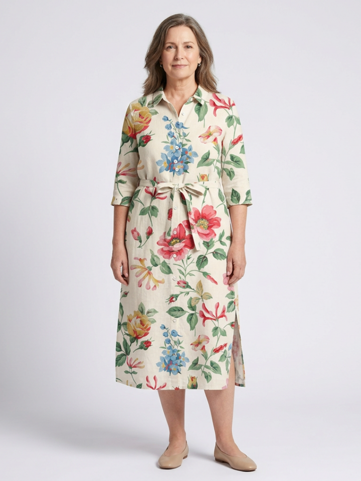 Maribel | Button-Front Half-Sleeve Floral Midi Dress
