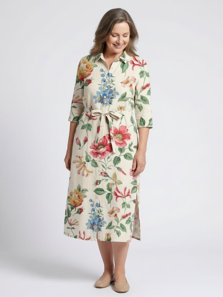 Maribel | Button-Front Half-Sleeve Floral Midi Dress