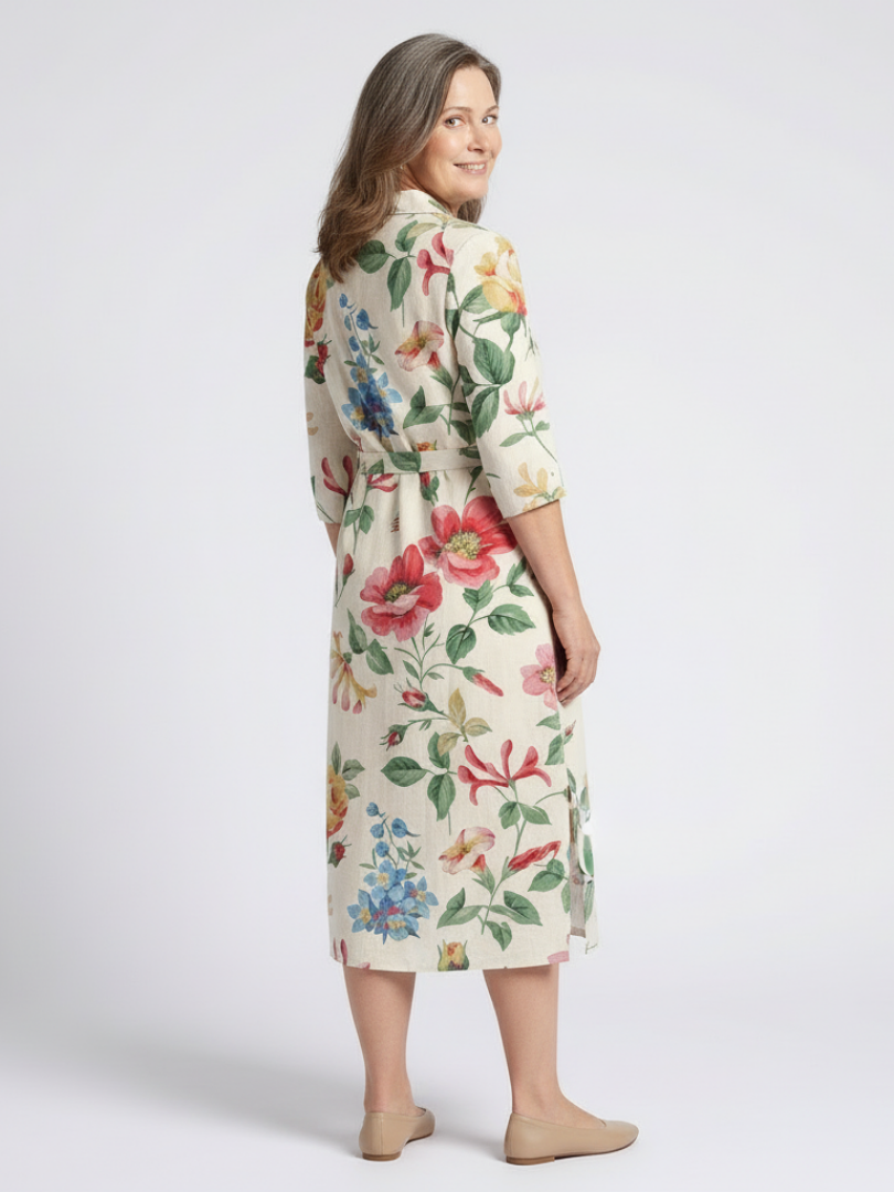 Maribel | Button-Front Half-Sleeve Floral Midi Dress