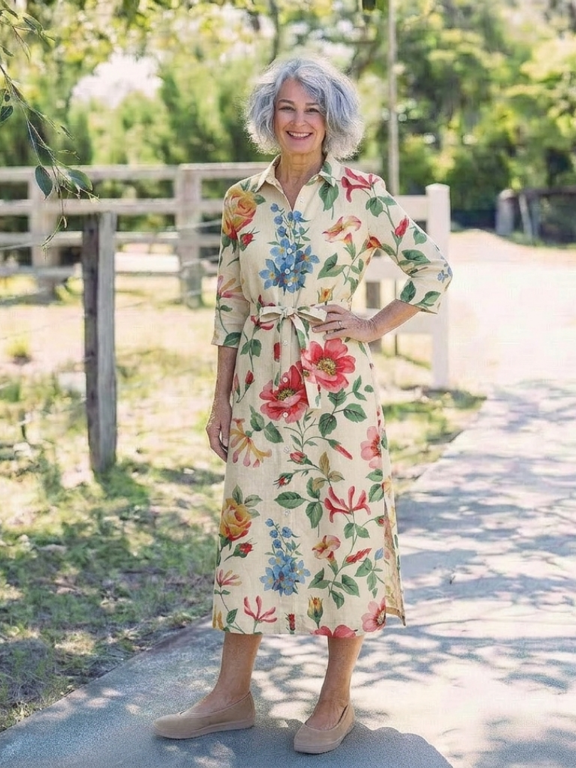 Maribel | Button-Front Half-Sleeve Floral Midi Dress