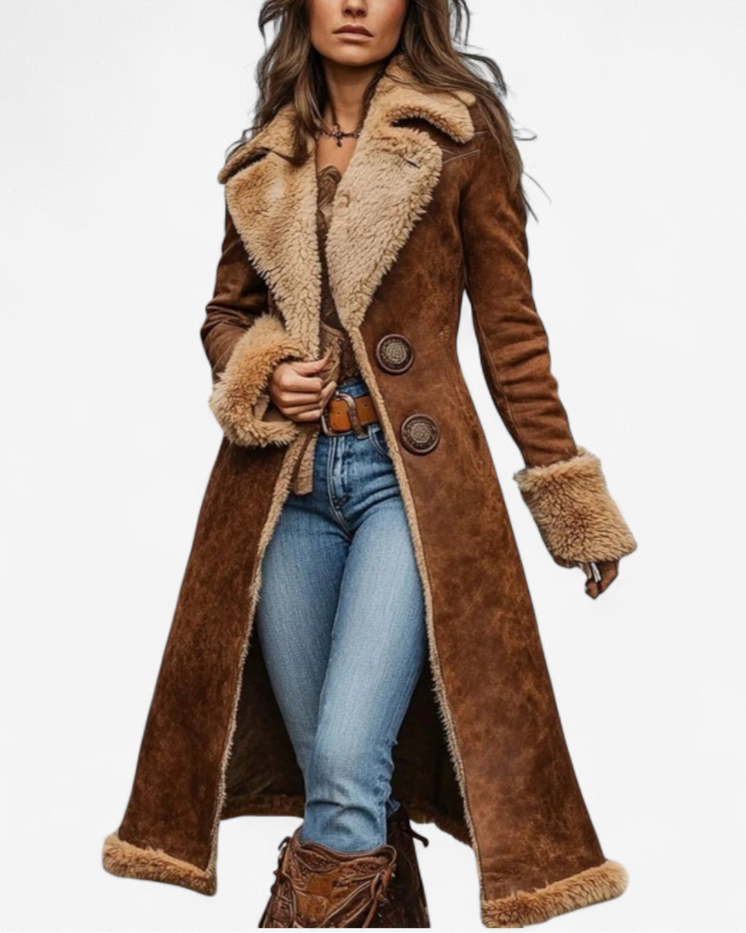Retro-Style Long Jacket with Faux Fur Accents