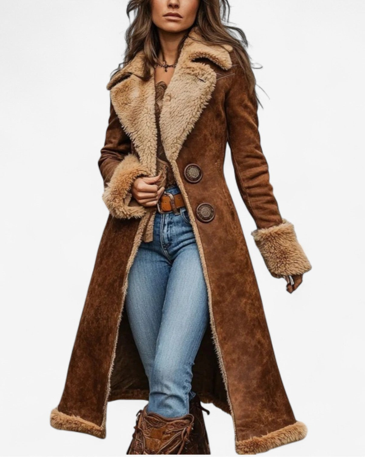 Retro-Style Long Jacket with Faux Fur Accents