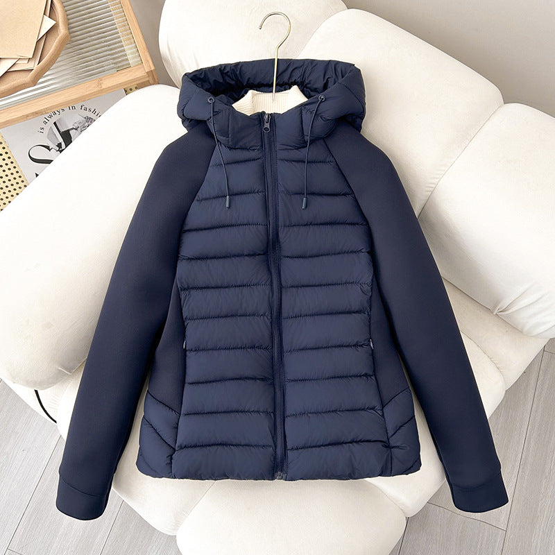 Women’s Lightweight Hybrid Quilted Jacket with Hood and Stretch Sleeve Panels