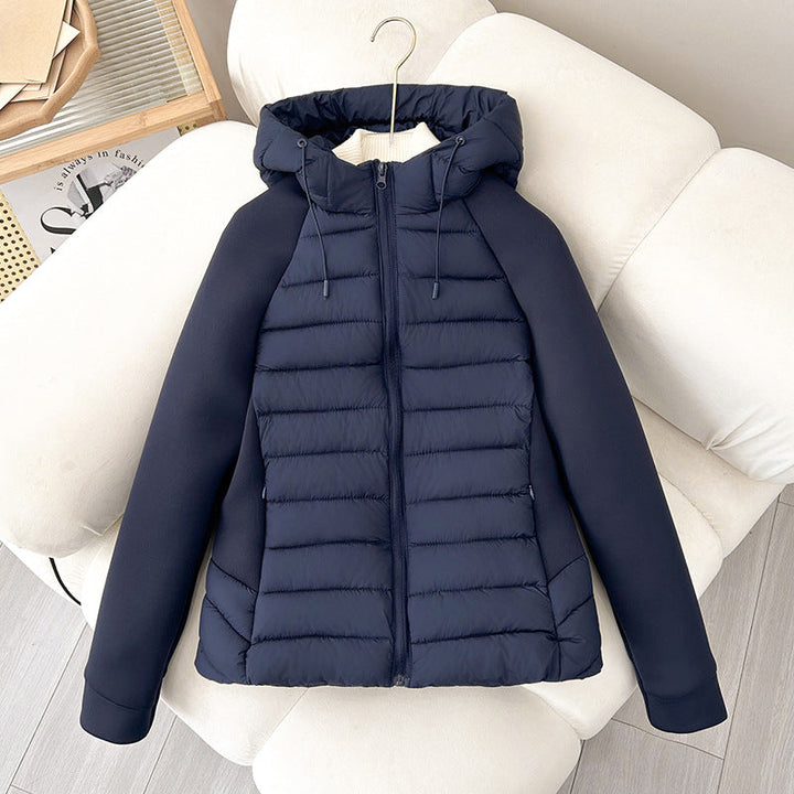 Women’s Lightweight Hybrid Quilted Jacket with Hood and Stretch Sleeve Panels