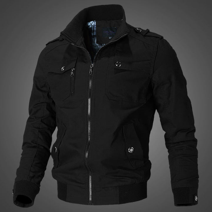 Men’s durable canvas bomber jacket with epaulettes and zip-front closure