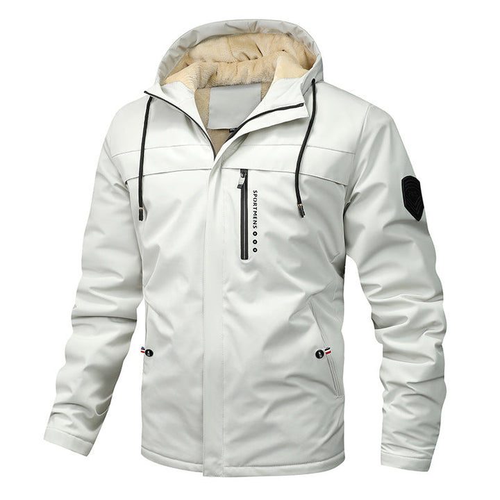 Men’s windproof softshell jacket with adjustable hood and fleece lining