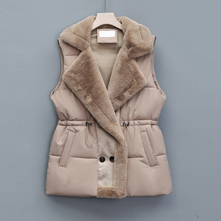 Women's quilted vest with a faux-fur shawl collar and adjustable drawstring waist