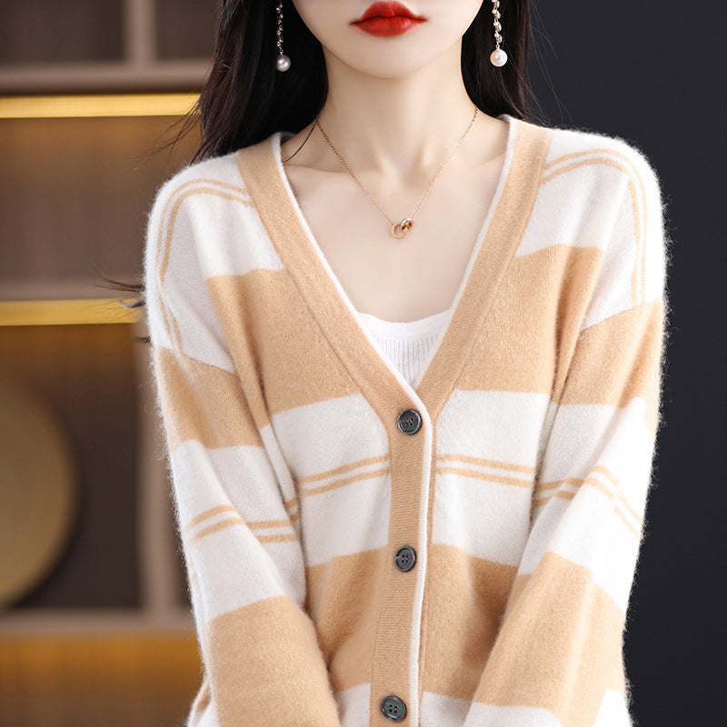 Women's midi cardigan with block stripes, V-neck, and long sleeves