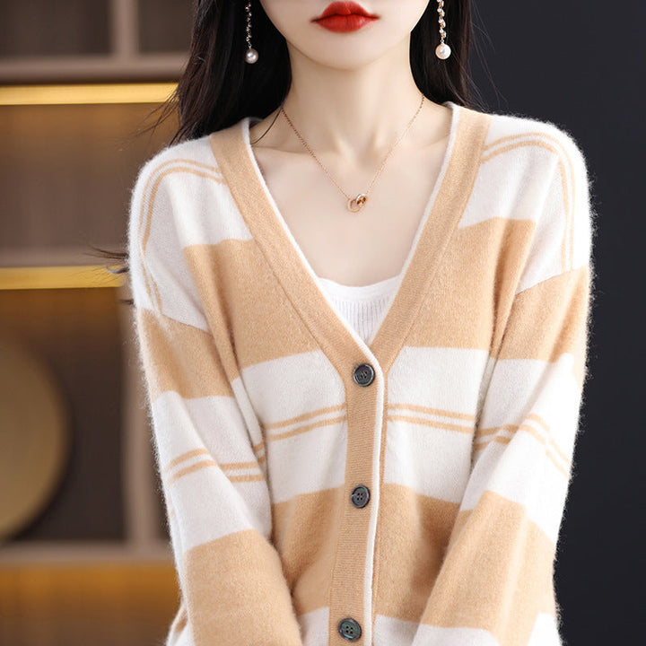 Women's midi cardigan with block stripes, V-neck, and long sleeves