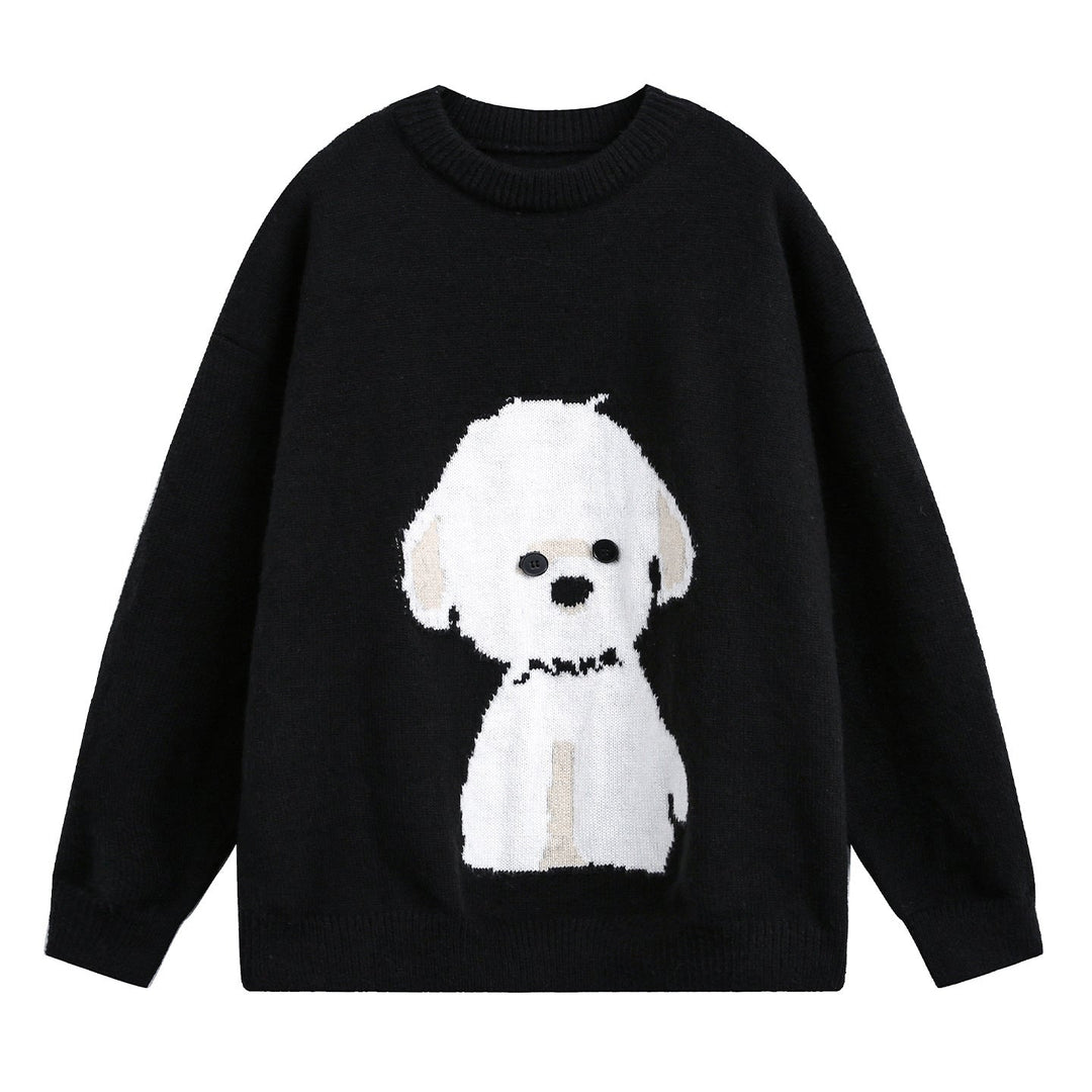 Women's oversized crew-neck sweater with dog design