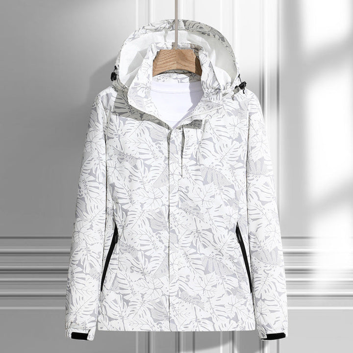 Women's Lightweight Packable Rain and Wind Jacket with Hood, Leaf Pattern