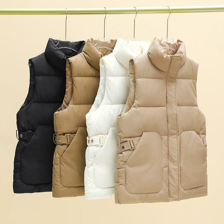 Women’s padded utility vest with stand-up collar and large flap pockets