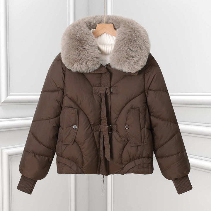 Women's short pilot jacket with a voluminous shawl collar and drawstring hem