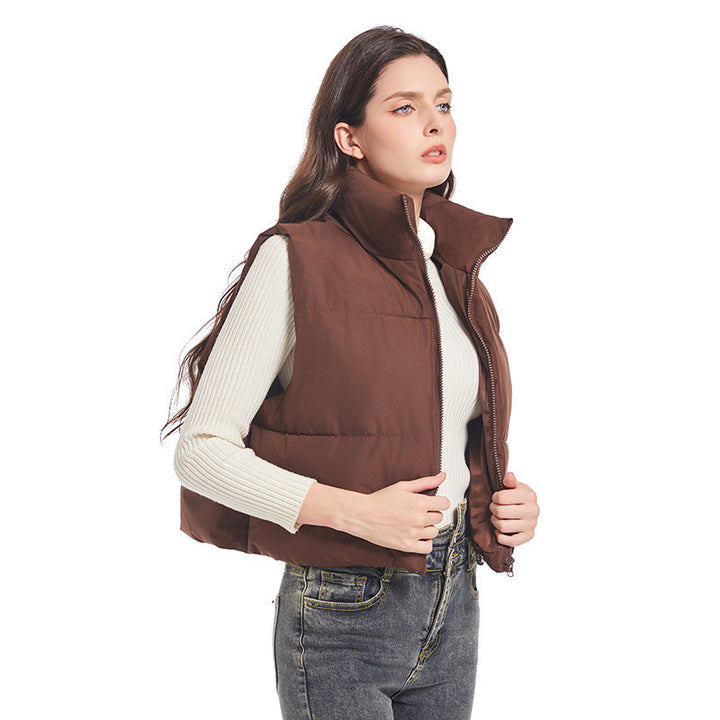 Women’s ultralight short quilted vest with a high stand collar and drawstring