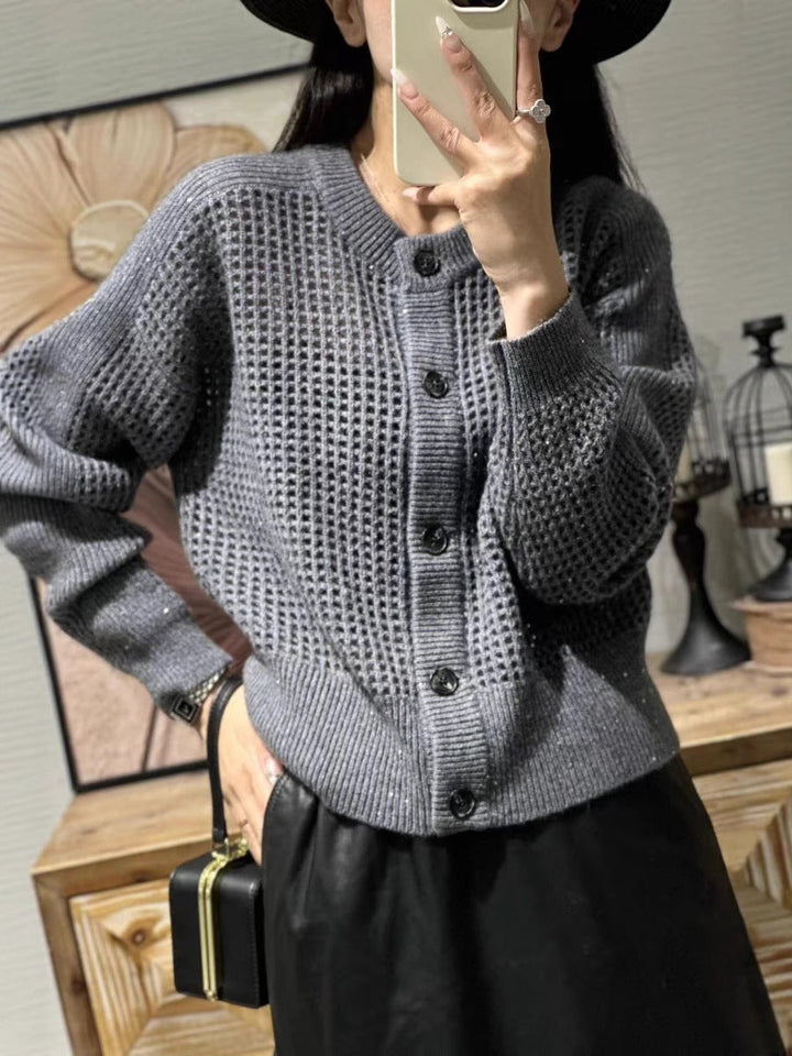 Women's mesh cardigan with a round neckline, button placket, and long sleeves
