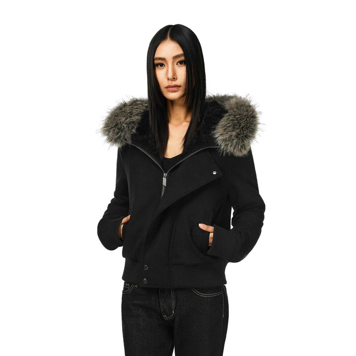 Women’s short bomber jacket with a voluminous hood and thumbhole cuffs