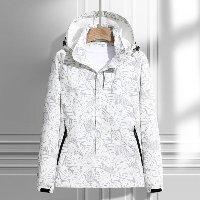 Women's Lightweight Packable Rain and Wind Jacket with Hood, Leaf Pattern