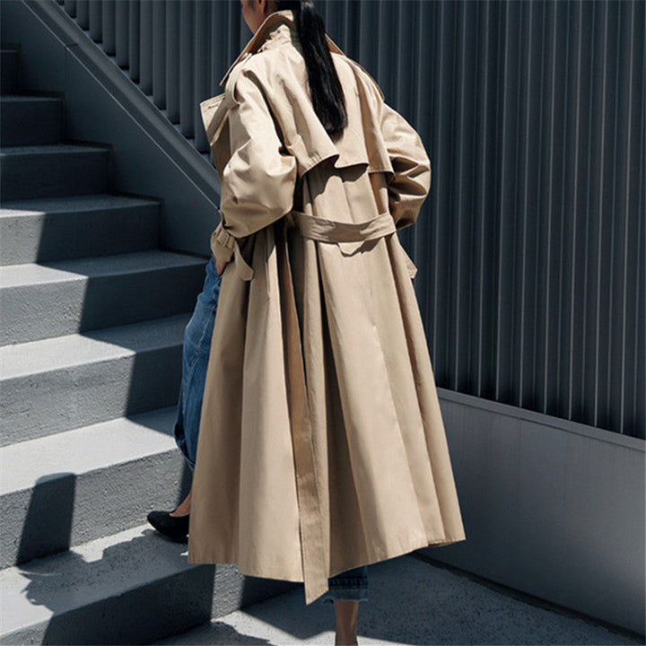 Women’s oversized trench coat with storm flap and detachable tie belt