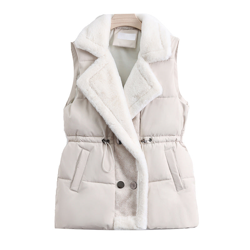 Women's quilted vest with a faux-fur shawl collar and adjustable drawstring waist