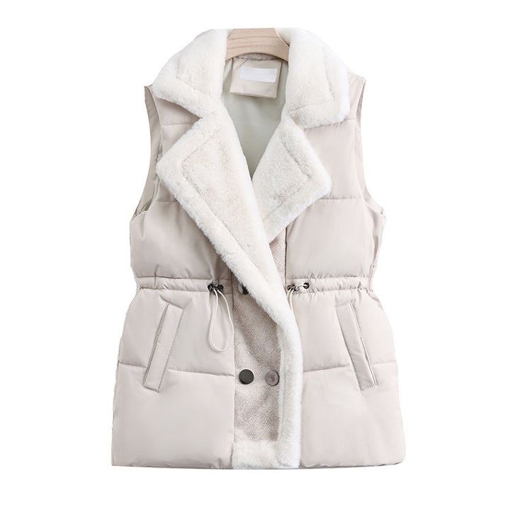 Women's quilted vest with a faux-fur shawl collar and adjustable drawstring waist
