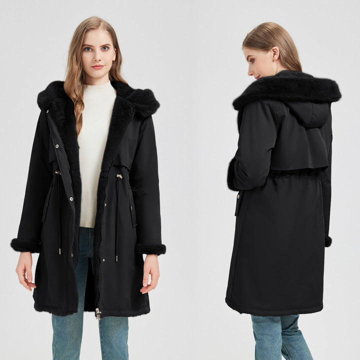 Women's long parka with detachable hood and adjustable waist drawstring