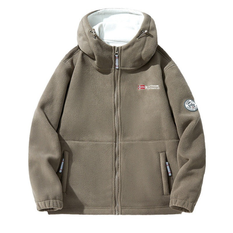 Hooded fleece jacket with a high-neck hood collar and zipper