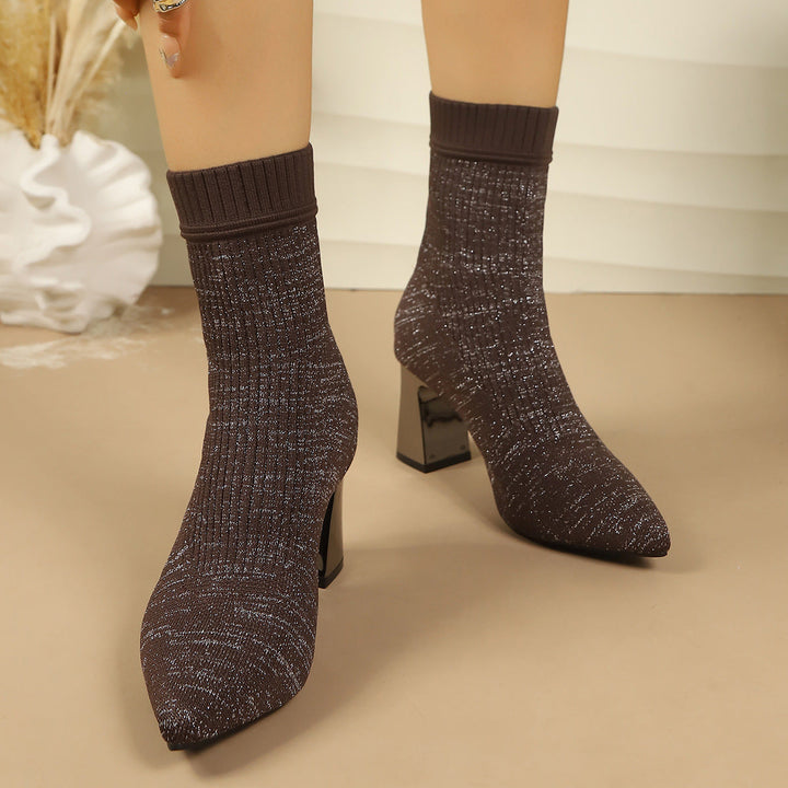 Women’s sock ankle boots with block heels and a ribbed texture