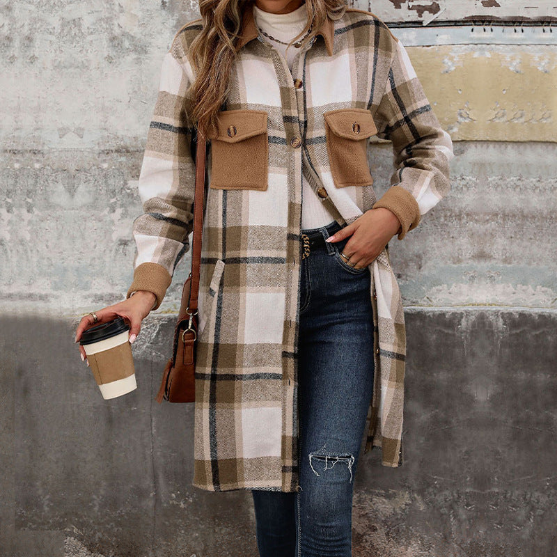 Women's shirt jacket with a checked pattern, pockets, buttons, and long sleeves